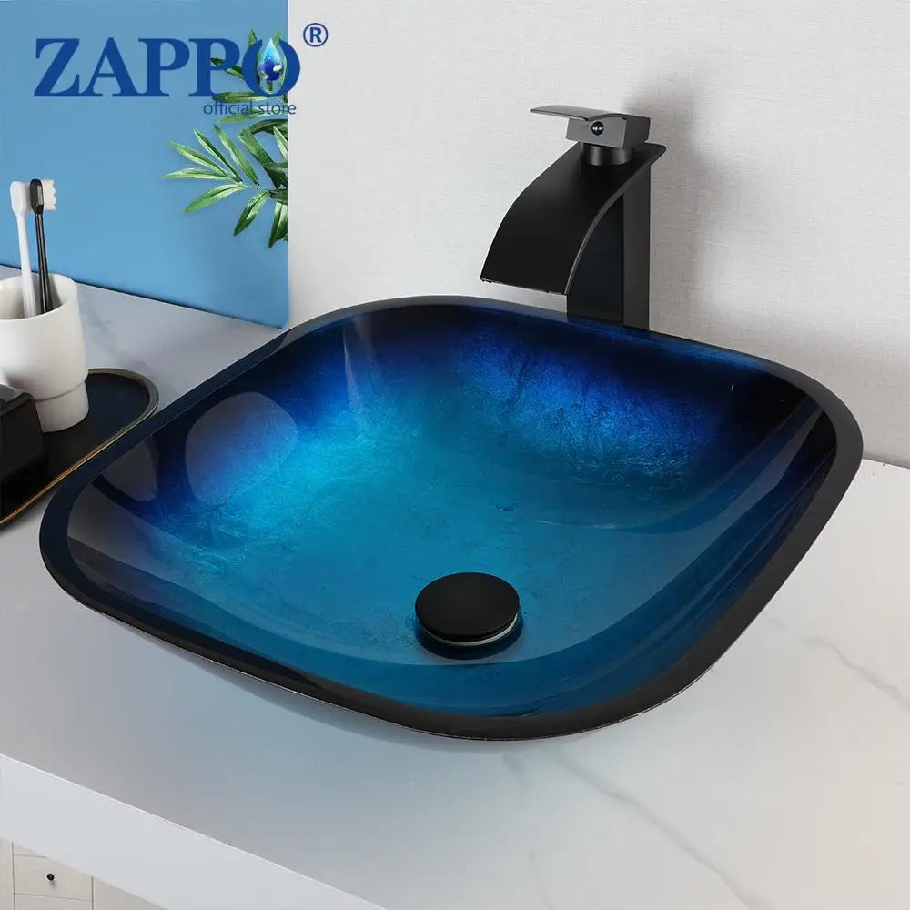 ZAPPO Blue Tempered Glass Vessel Sink – Oval Above-Counter Basin with Black Waterfall Faucet