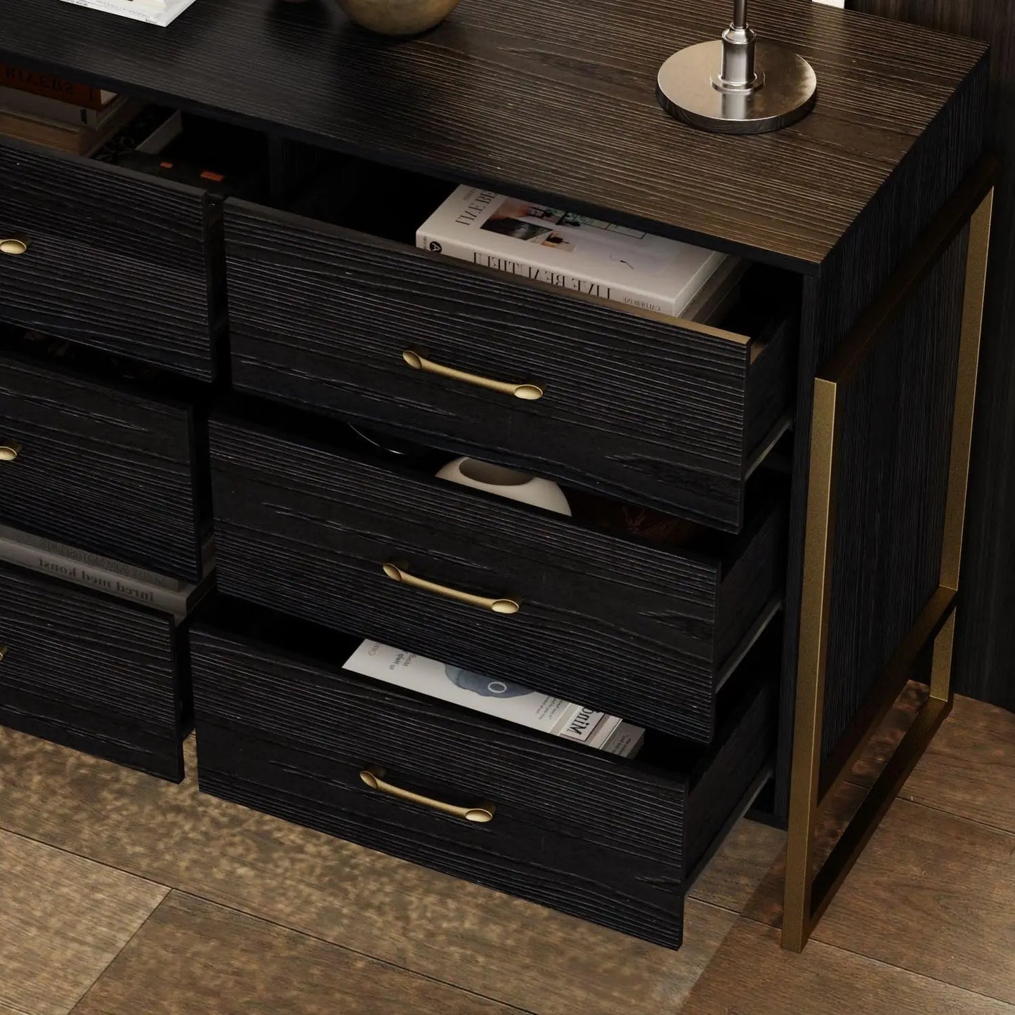 Modern 9 Drawer Black Dresser with Gold Legs – Large Bedroom Storage