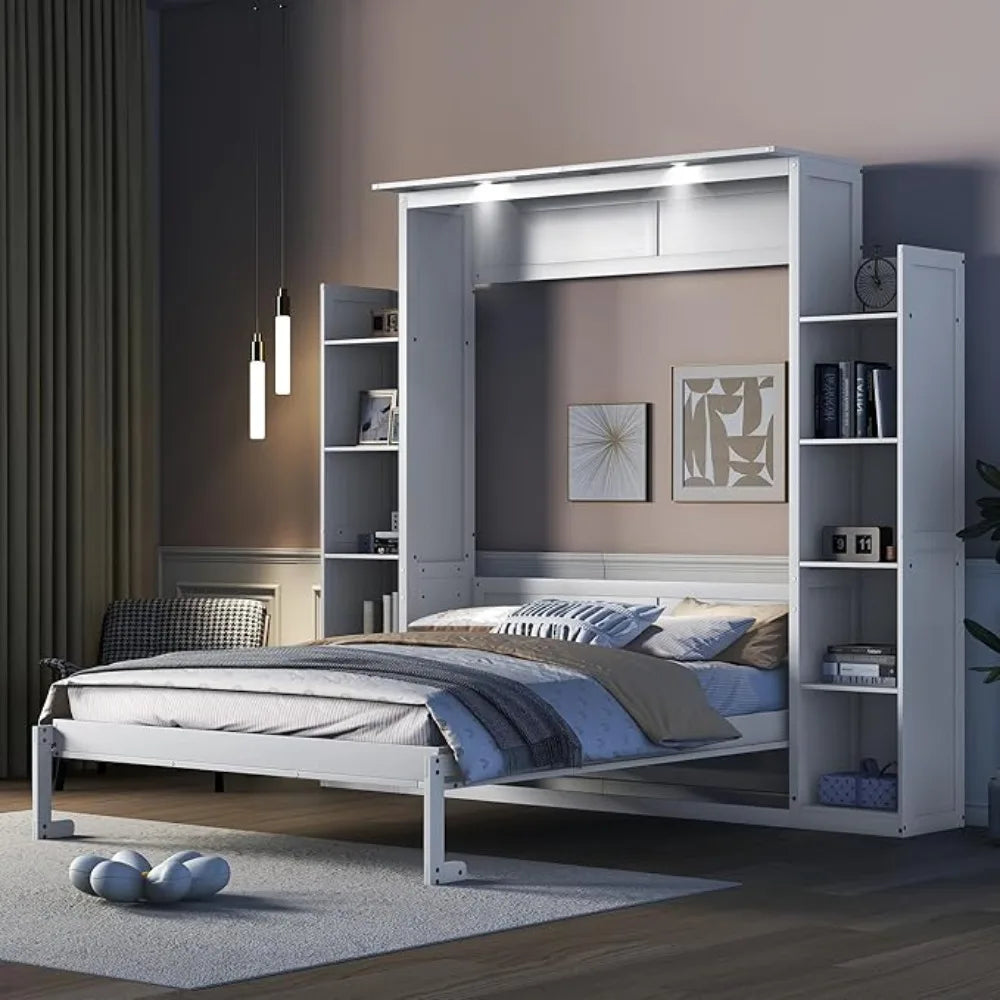 Queen Size Murphy Wall Bed – Foldable Wood Frame with Shelves & LED Lights