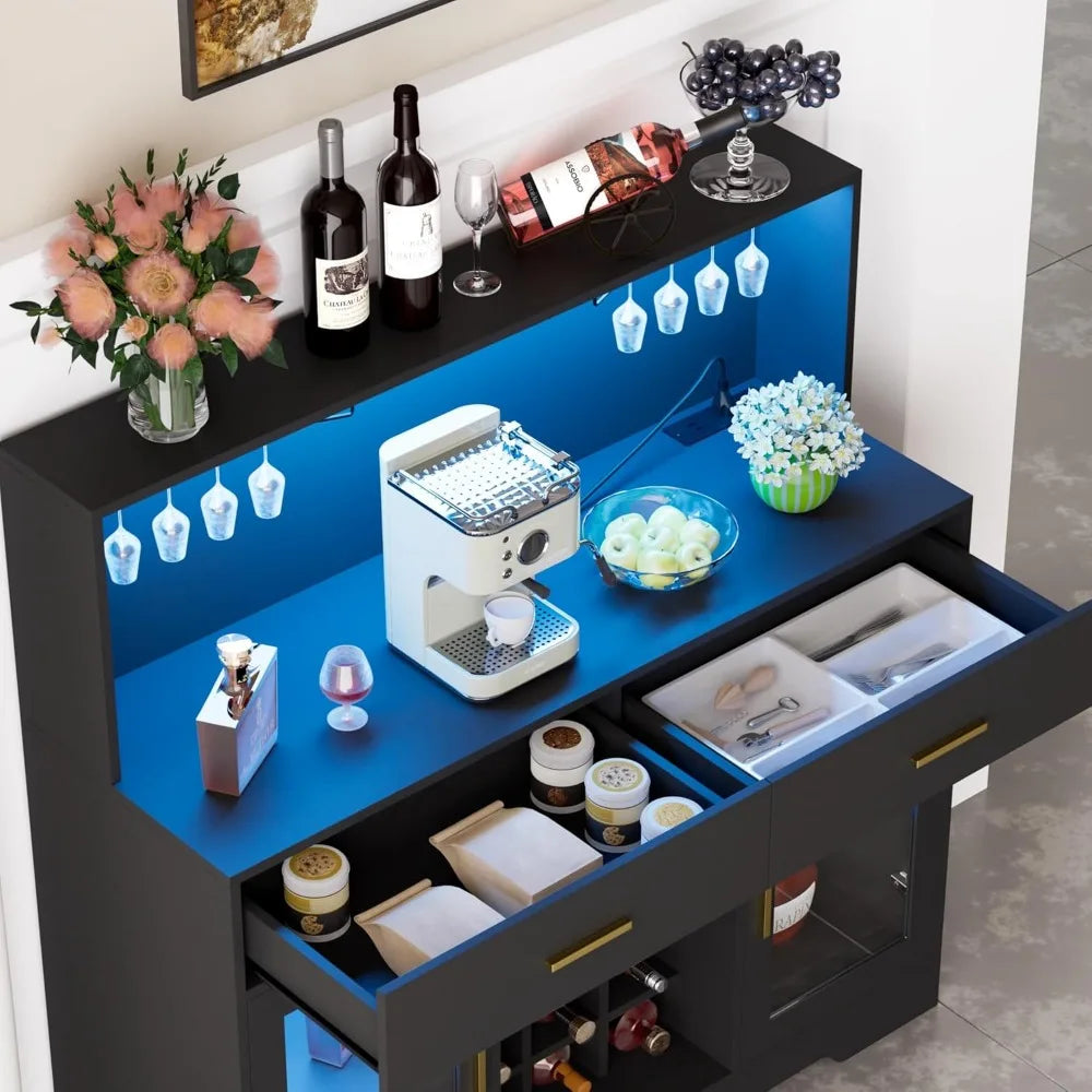 Wine Bar with Power Outlet – Black Liquor Cabinet with LED Lights, Coffee Bar & Built-In Wine Rack