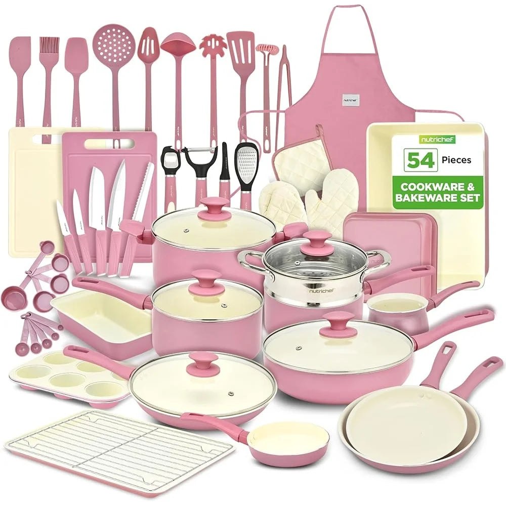 54-Piece Non-Stick Ceramic Cookware Set – Pots, Pans, Knives, Utensils & Bakewarecookware set, ceramic pots and pans, non stick cookware, kitchen tools set, 54 piece cookware, bakeware set, induction cookware, gas stove coo