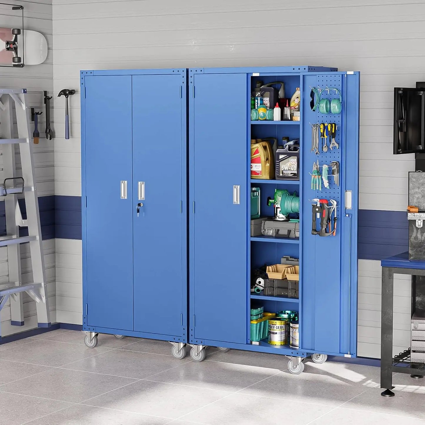 72" Tall Metal Garage Storage Cabinet – Locking Doors, Pegboards, Wheels & Adjustable Shelves