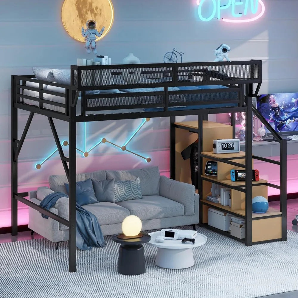 Queen Size Metal Loft Bed with Stairs & Storage, Bedside Shelf, Heavy-Duty Frame