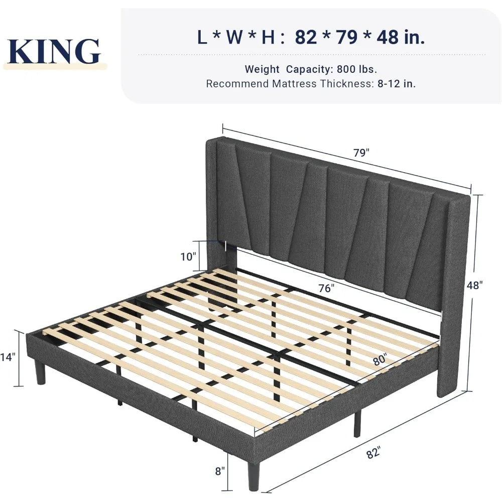 King Size Platform Bed with Geometric Wingback Headboard – Modern Upholstered Frame with Wood Slats