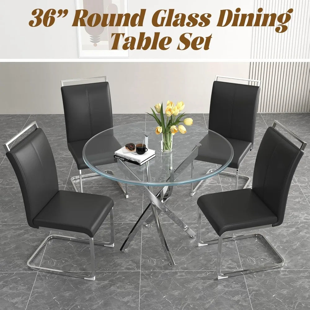 Glass Dining Table Set for 4 – 36" Round Silver Tempered Glass Table with 4 Black Faux Leather Chairs, Modern Kitchen & Home Office