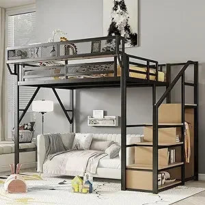 Full Size Loft Bed with Stairs – Built-In Shelf & Under-Bed Storage