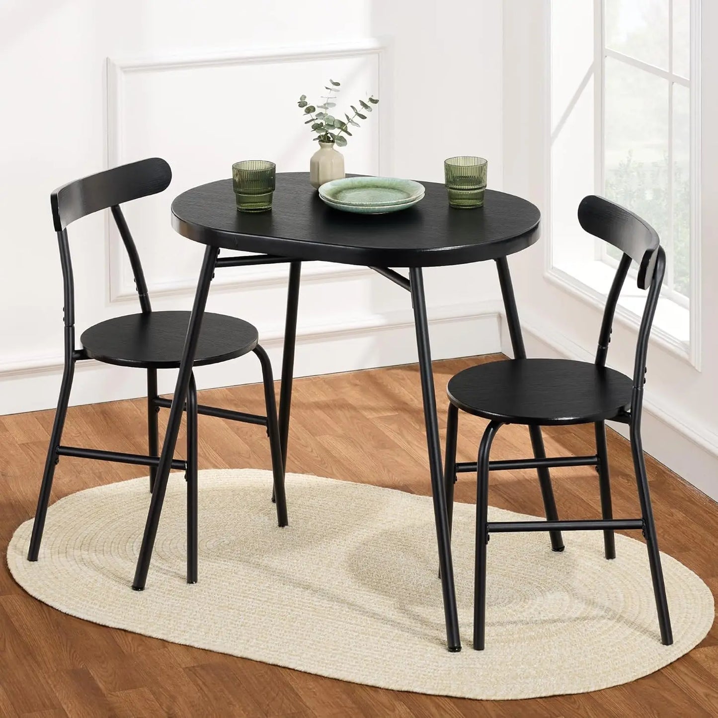 Modern Oval Dining Table Set – Small Kitchen Dinette with 2 Chairs, Metal Frame & Curved Backrests (Dark Green/Gold)