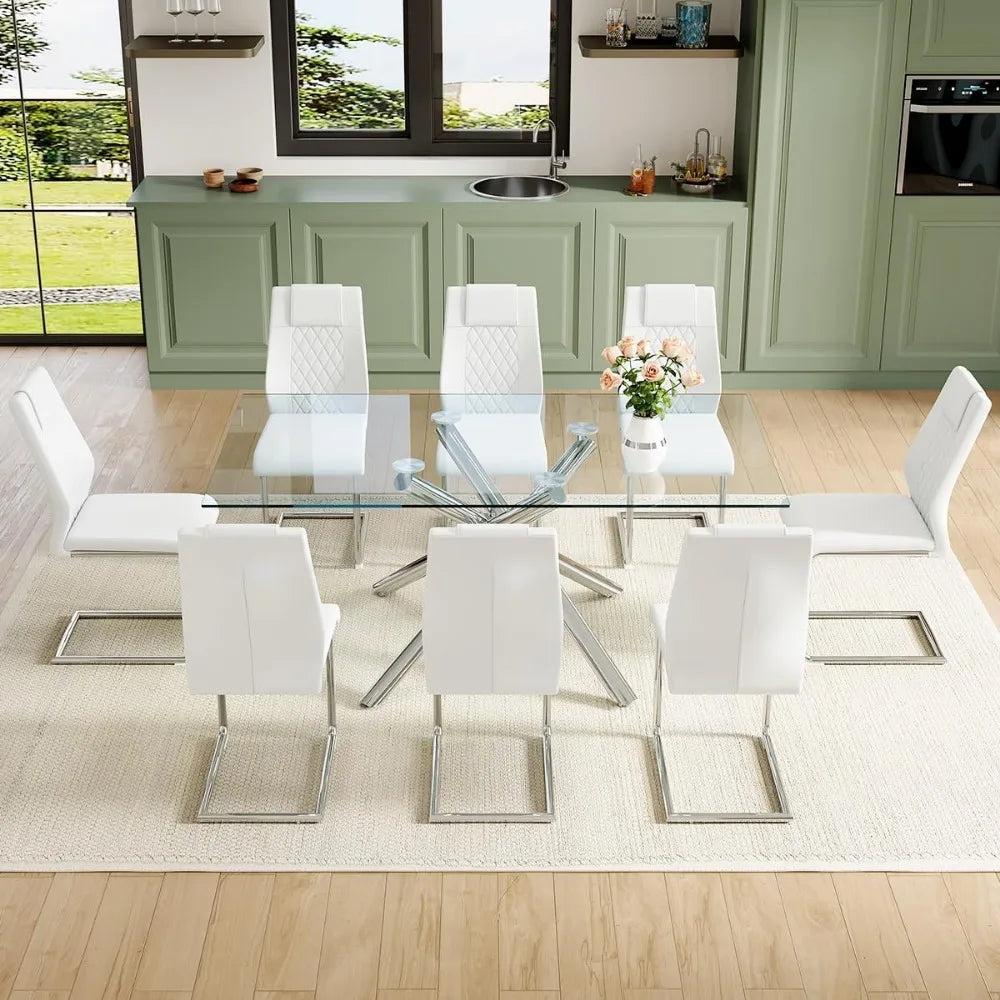 Glass Dining Table Set for 8 – 71" Rectangular Silver Kitchen Table with PU Leather Dining Chairs