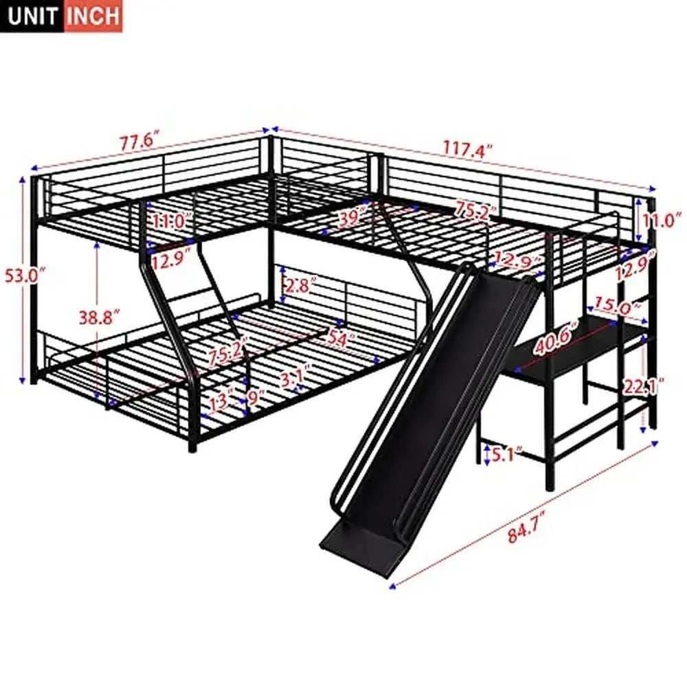 Metal L-Shaped Triple Bunk Bed with Desk, Slide & Shelf – Twin Over Full with Twin Loft