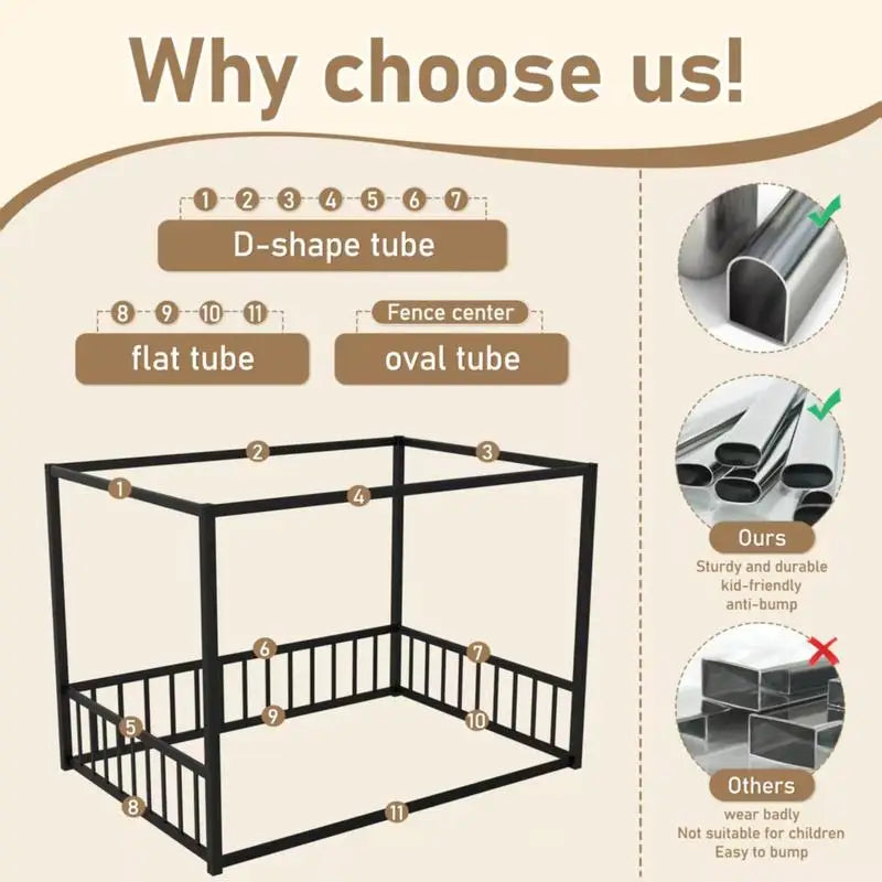 Modern Twin Size Floor Bed, Black Iron Frame, Low-Profile Design with Fence Guardrails