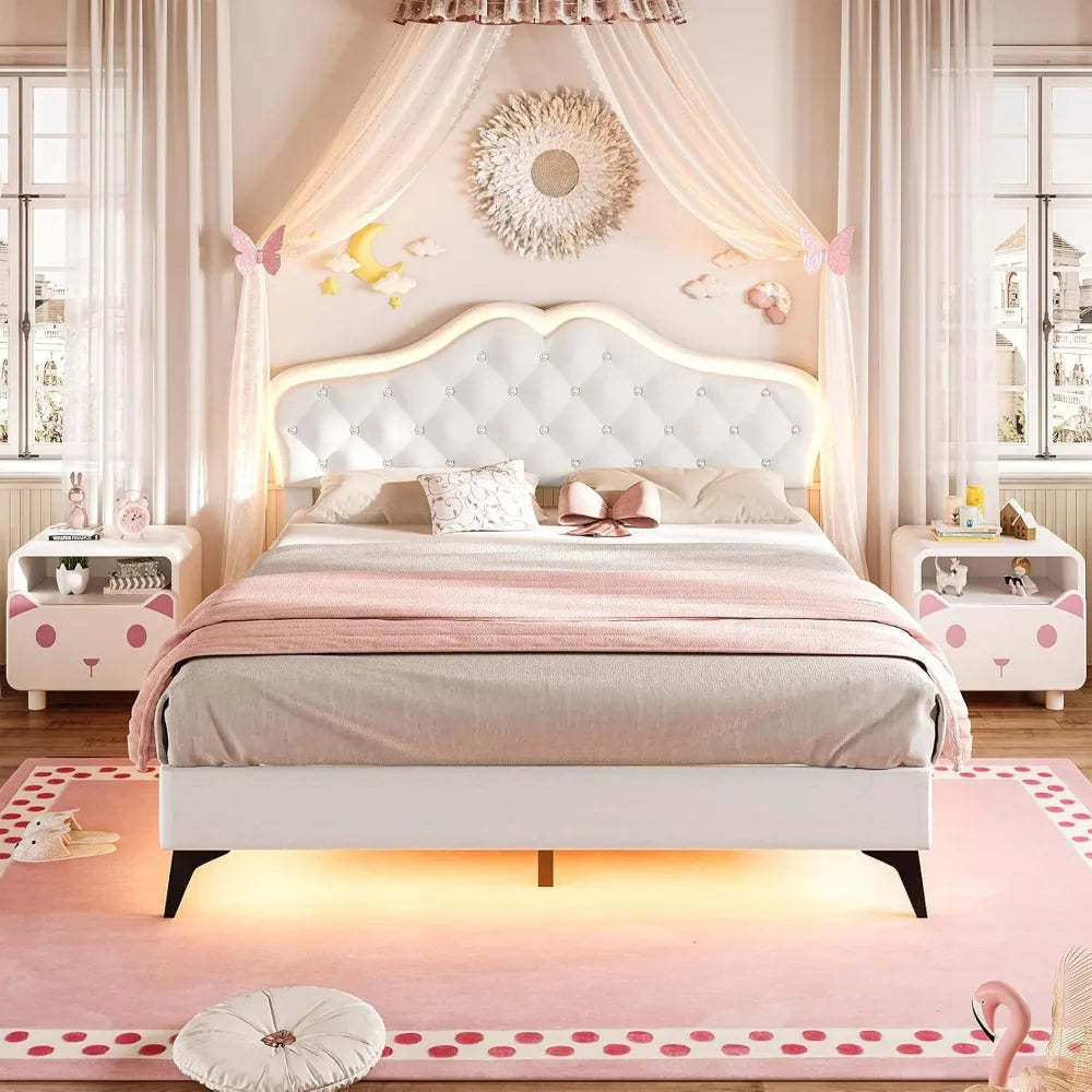 Full Size Princess Bed Frame – Upholstered Platform with LED Lights & Adjustable Crystal Headboard