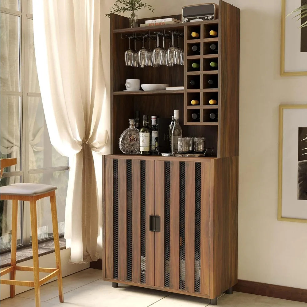 Wine Bar Cabinet – 12-Bottle Wine Rack with Glass Storage for Kitchen & Dining Room