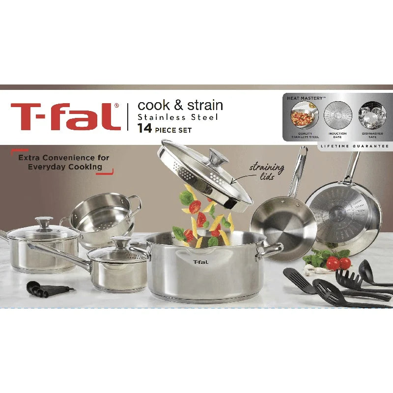 14-Piece Cook and Strain Stainless Steel Cookware Set – Nonstick with Straining Lids & Induction Base