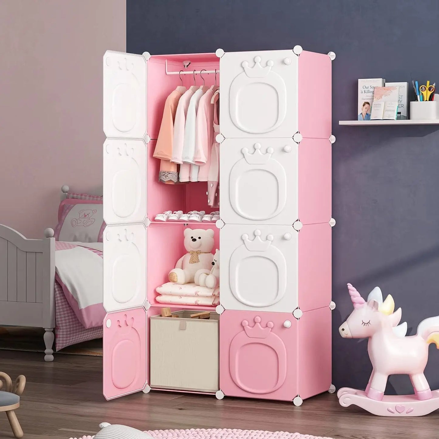 MAGINELS Kids Closet & Wardrobe – Pink 8-Cube Baby Dresser with Doors