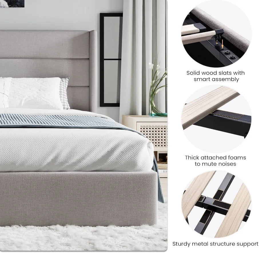 King Upholstered Storage Bed – Lift-Up Platform with Wingback Headboardking storage bed, upholstered lift up bed, wingback headboard bed, modern platform bed, bedroom furniture with storage