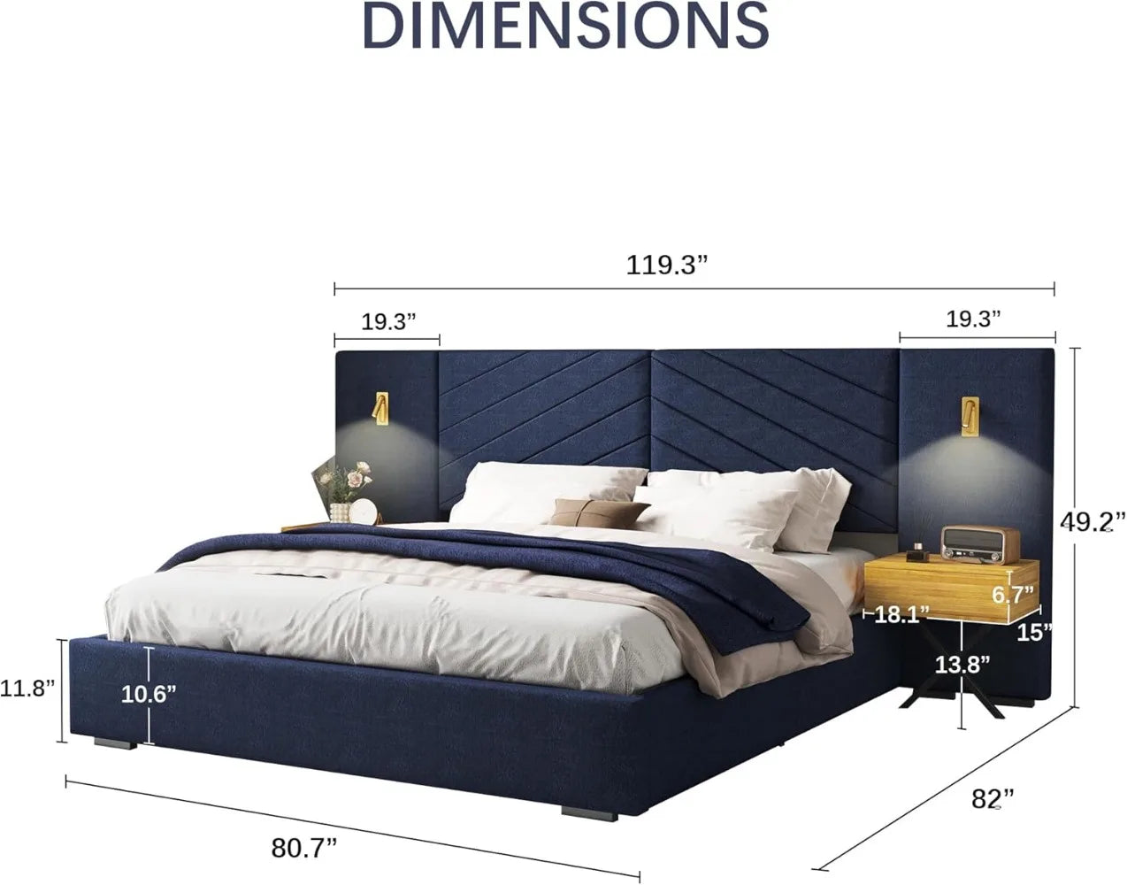 King Size Luxury Platform Bed – Oversized Upholstered Headboard with Built-in Gold LED & Nightstands