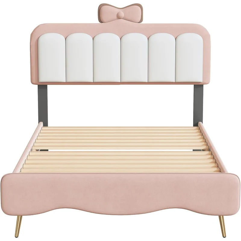 SOFTSEA Twin Princess Bed – Pink Velvet Upholstered Frame with Bow-Knot Headboard