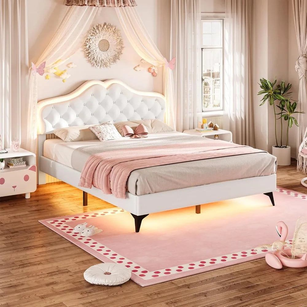 Full Size Princess Bed Frame – Upholstered Platform with LED Lights & Adjustable Crystal Headboard