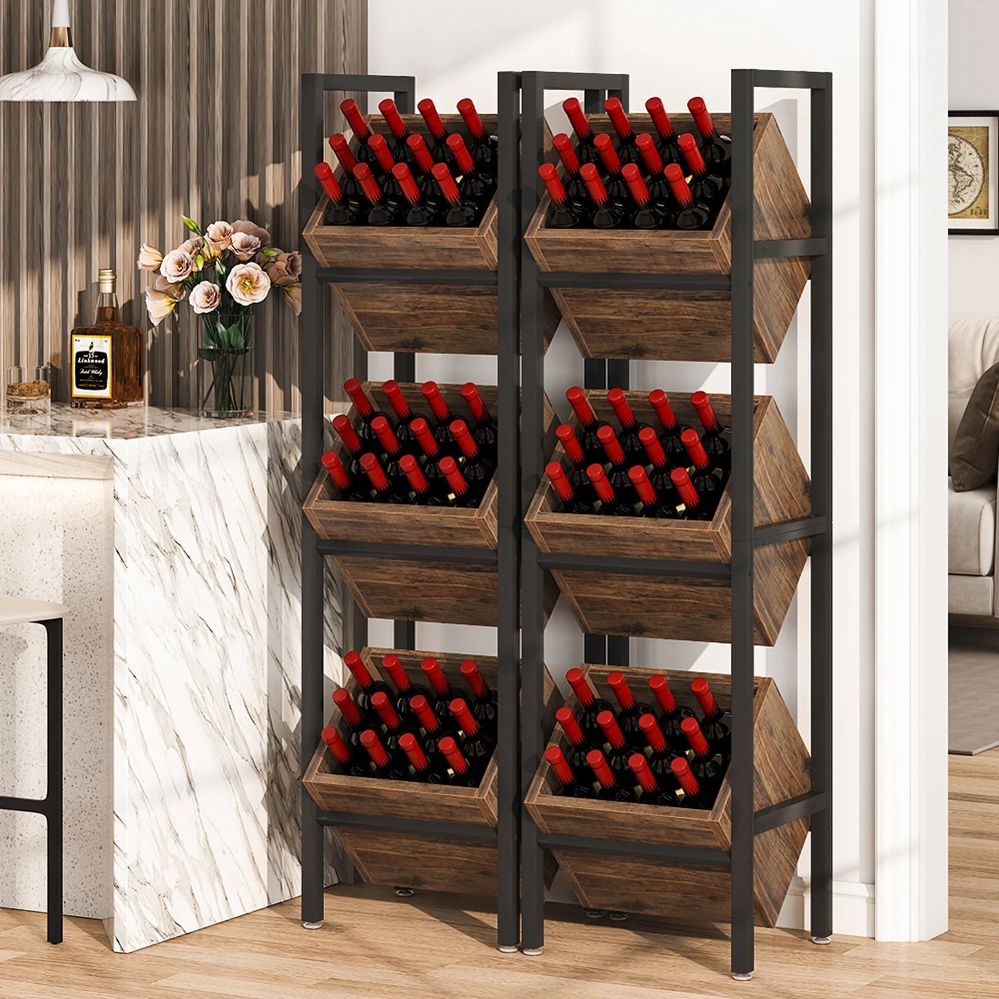 Tribesigns Basket Stand – 3-Tier Wood Shelving Unit with Baskets, Rustic Vertical Storage Tower for Living Room
