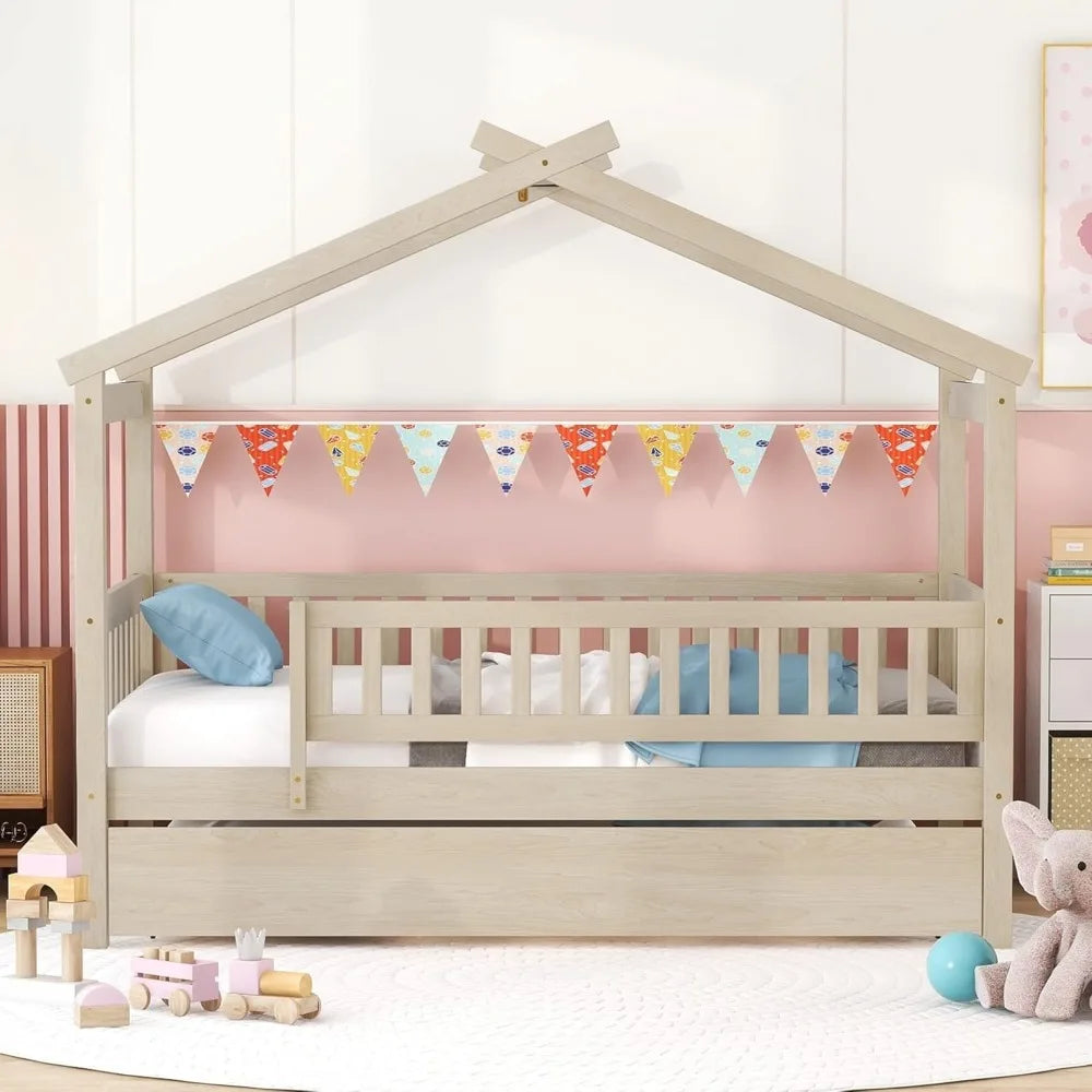Twin Wooden House Bed with Trundle – Kids Platform Bed with Roof, Fence & Guardrail