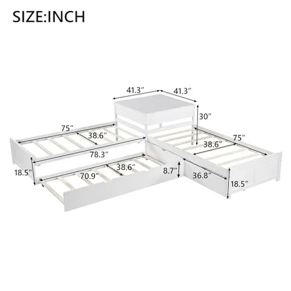Twin L-Shaped Daybed with Trundle – Pine Wood Platform Bed with Desk, Drawers & Storage (White)