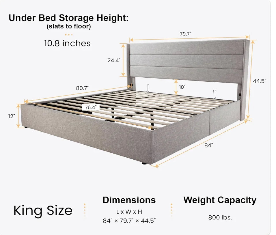 King Upholstered Storage Bed – Lift-Up Platform with Wingback Headboardking storage bed, upholstered lift up bed, wingback headboard bed, modern platform bed, bedroom furniture with storage
