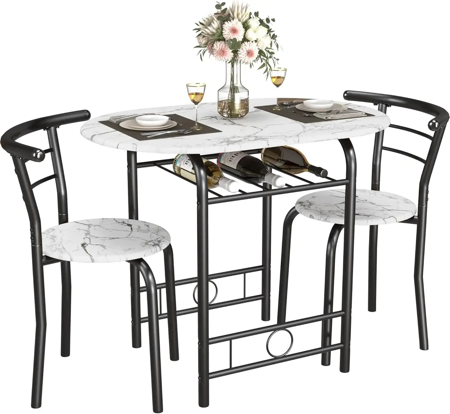 Space-Saving Kitchen Breakfast Nook Set – Round Wood Grain Table & Chairs with Metal Frame