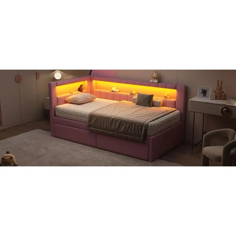 Pink Twin Upholstered Platform Bed with LED Headboard, USB Ports & 2 Storage Drawers