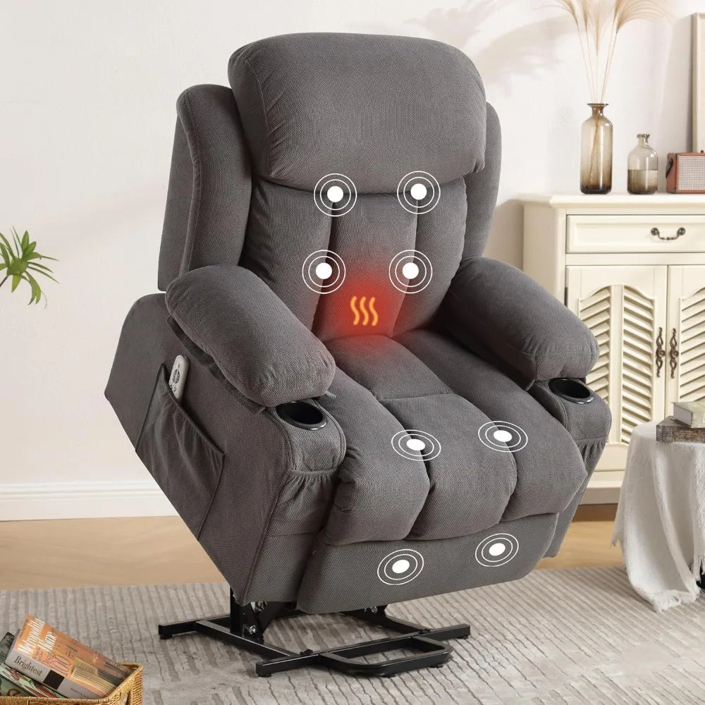 Power Lift Recliner Chair with Heat & Massage – Electric Fabric Recliner for Elderly with USB Port & Side Pocket