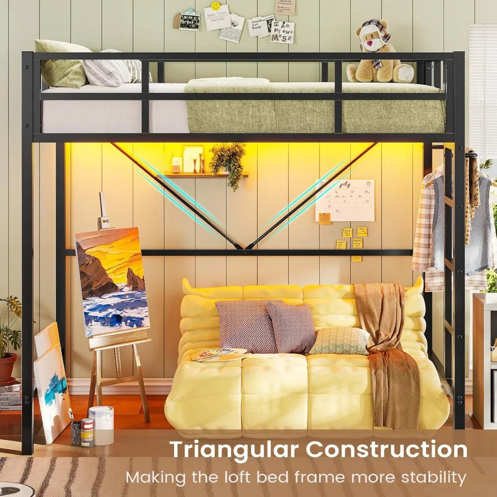 Twin Metal Loft Bed with LED Lights – Heavy Duty Frame with Guardrails & Clothes Rack