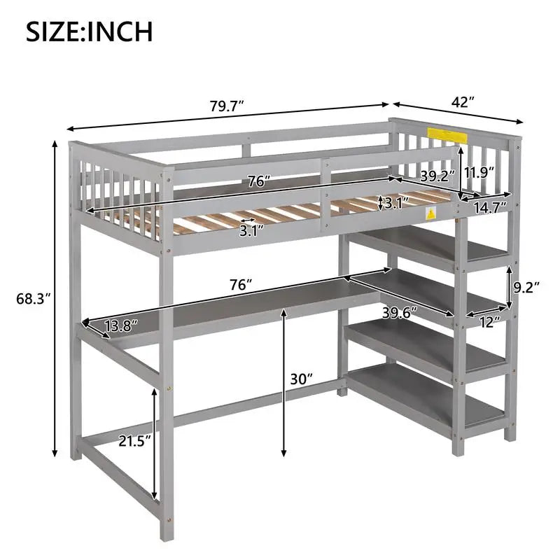 Twin Loft Bed with Storage Shelves & Under-Bed Desk – Space-Saving Gray Design