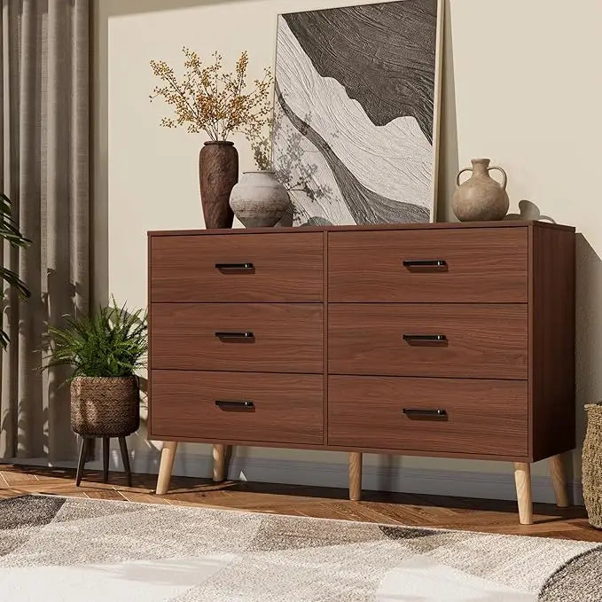 Wood Dresser for Bedroom 6 Drawer Dresser with Metal Handles Mid Century Modern Dresser Double Chest of Drawer Light Oak