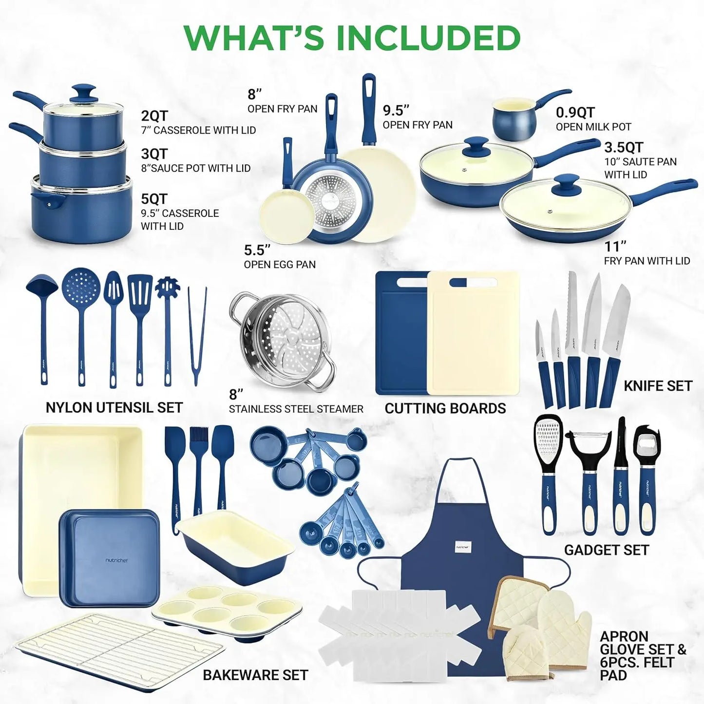 54 Piece Professional Grade Complete Home Kitchen Cookware Set, Ceramic Non-Stick Bakeware, Pots and Pans Kit,