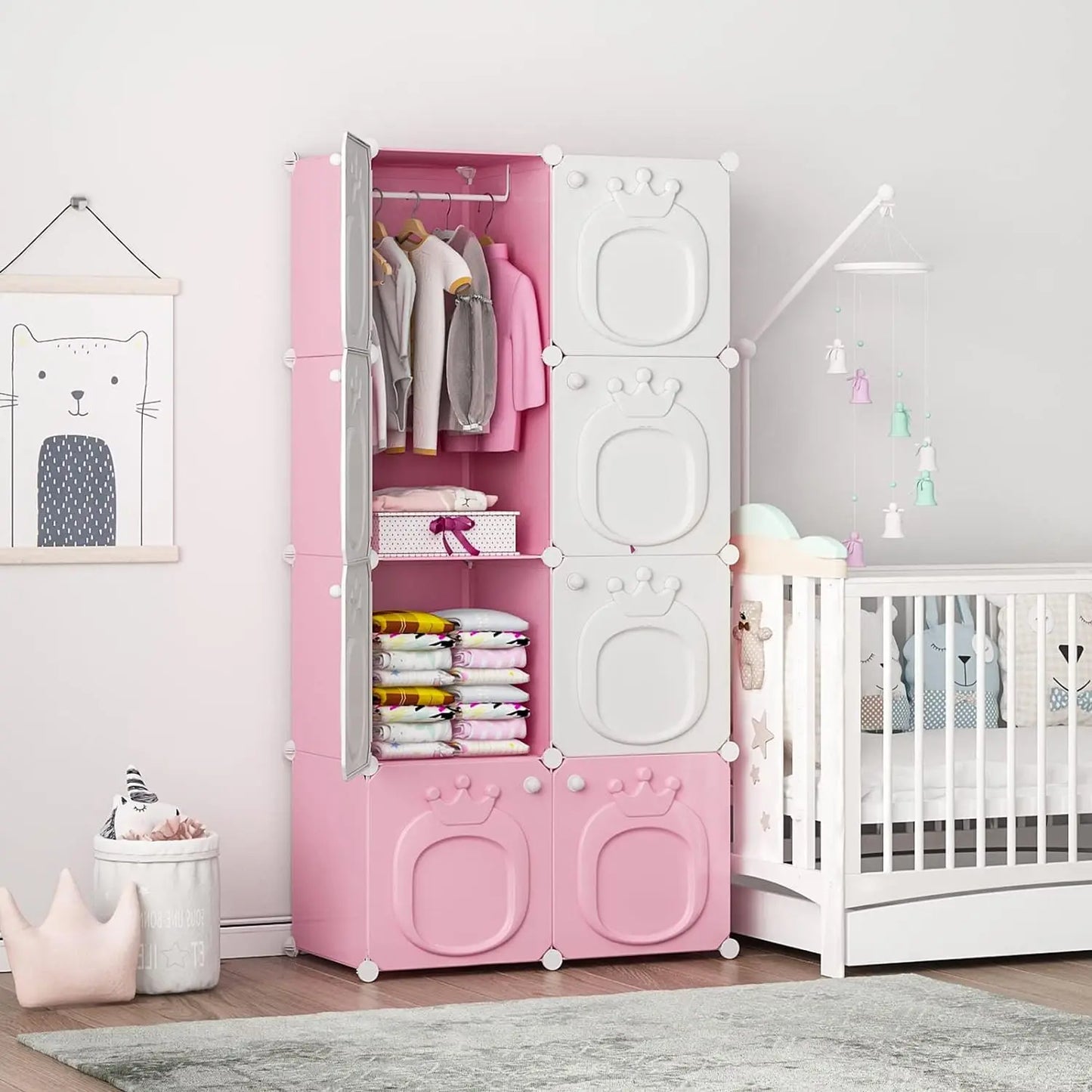 MAGINELS Kids Closet & Wardrobe – Pink 8-Cube Baby Dresser with Doors