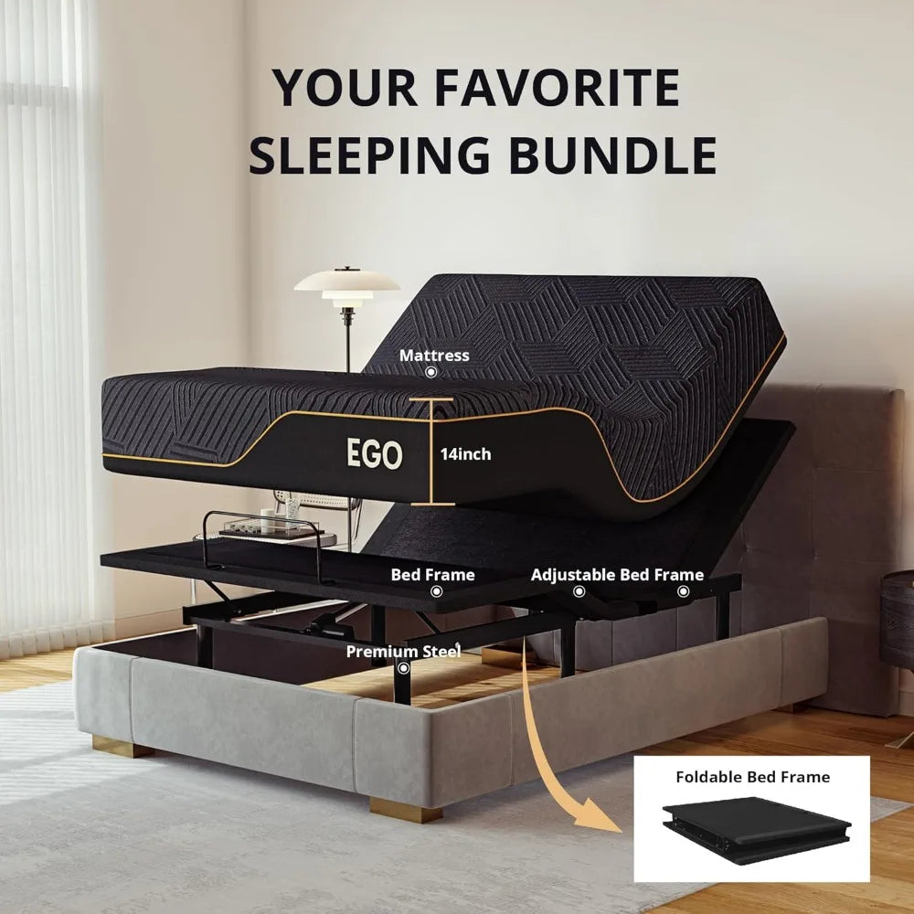 Adjustable King Bed Frame with 14" Copper Gel Memory Foam Mattress – Foldable Metal Base & Wireless Remote