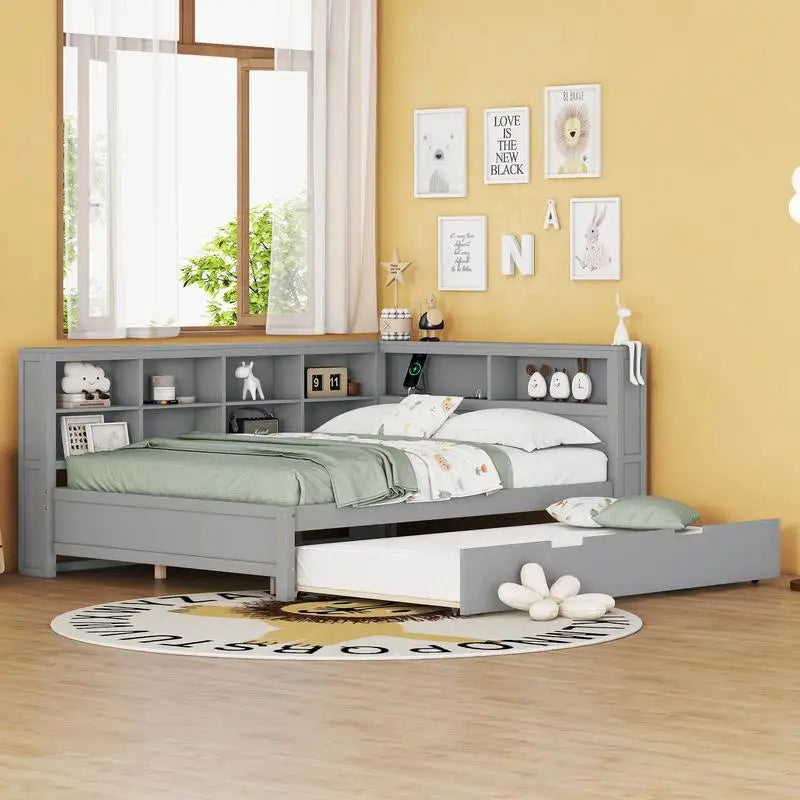 Grey Wooden Full Size Daybed with Twin Trundle, Storage Shelf & Built-in USB Ports
