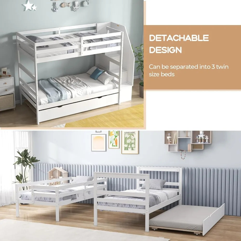 Twin over Twin Bunk Bed with Trundle & Stairs – Solid Wood Frame w/ Storage & Convertible Design
