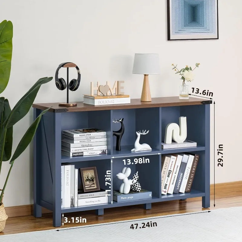 6-Cube Farmhouse Wood Bookcase – Low Storage Organizer, 47" Horizontal Console Bookshelf with Legs, Navy Blue