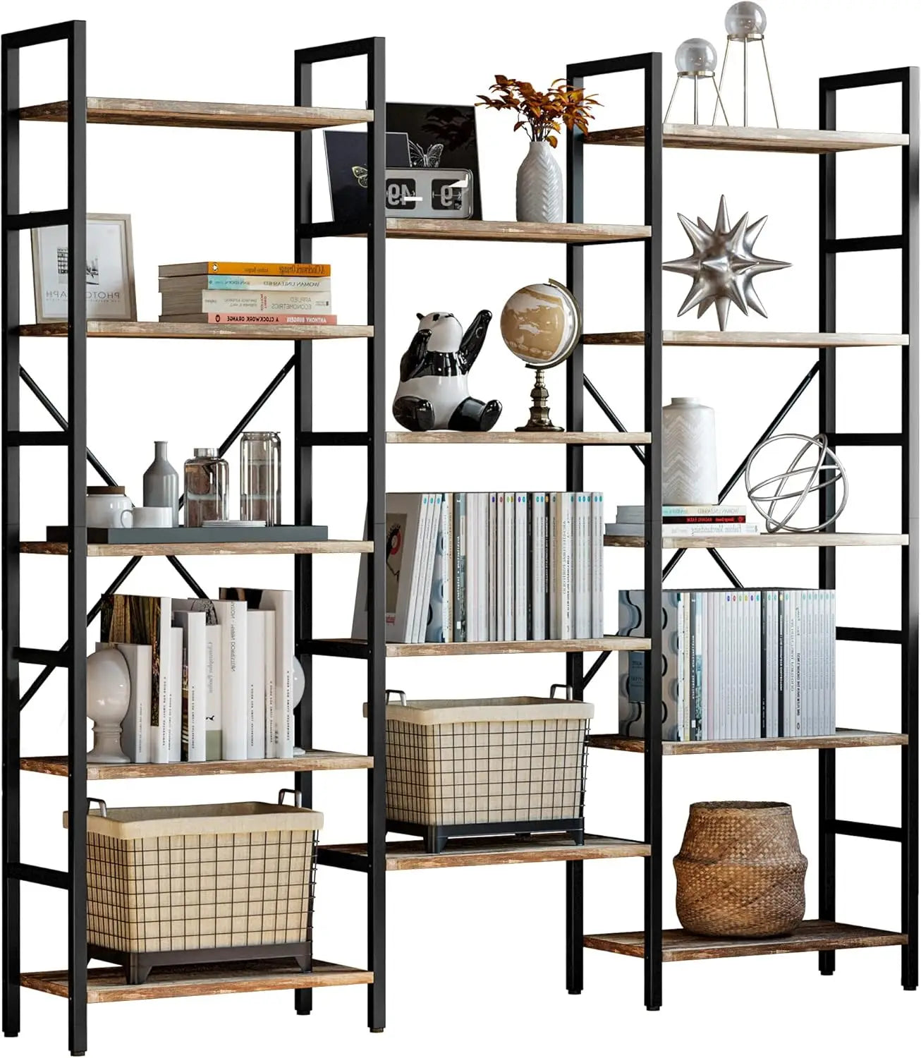 Triple Wide 5-Tier Industrial Bookshelf – Large Open Etagere with Metal Frame