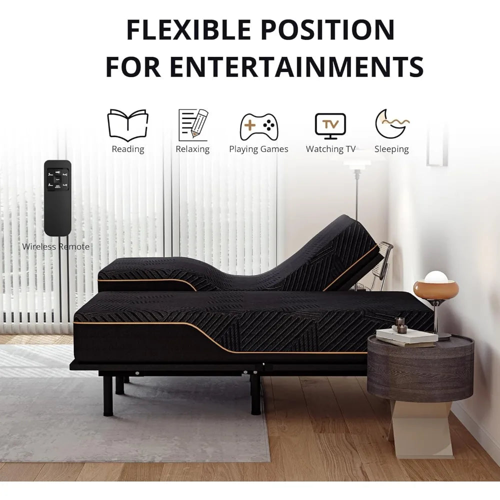 Adjustable King Bed Frame with 14" Copper Gel Memory Foam Mattress – Foldable Metal Base & Wireless Remote