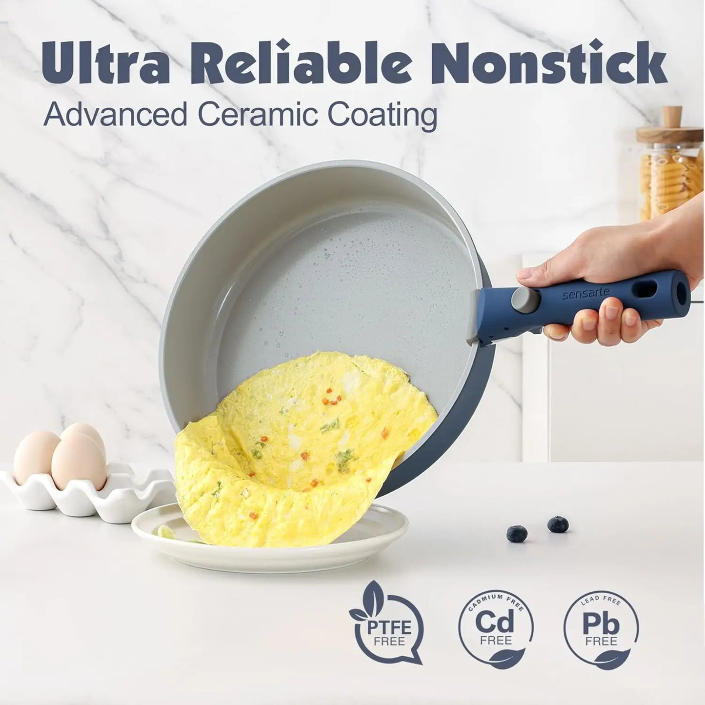17 Piece Ceramic Pots and Pans Set, Nonstick Detachable Handle Cookware, Induction Kitchen Cookware Set with Removable