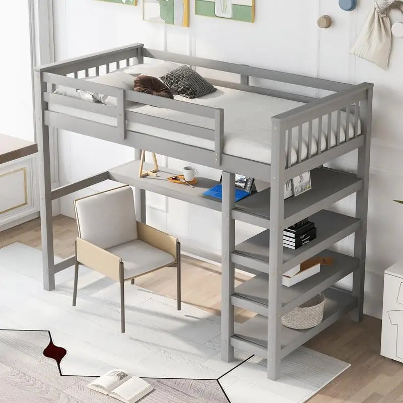 Twin Loft Bed with Storage Shelves & Under-Bed Desk – Space-Saving Gray Design