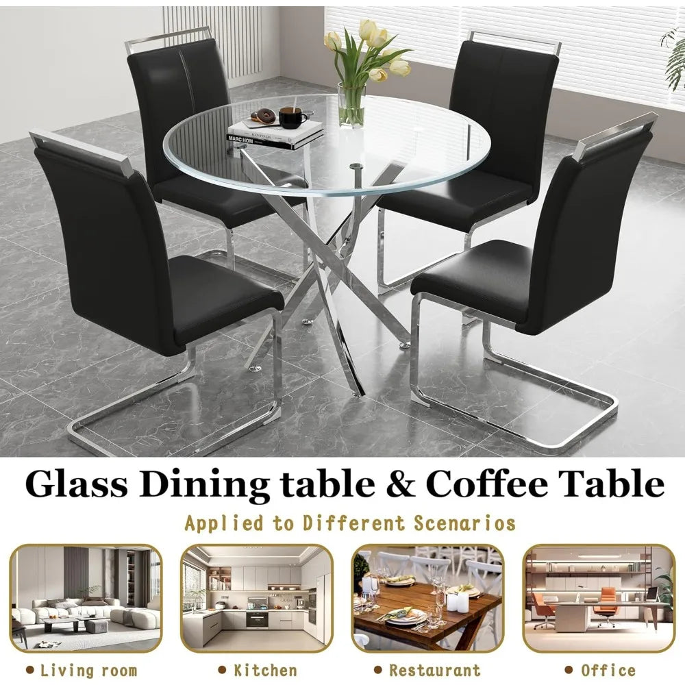 Glass Dining Table Set for 4 – 36" Round Silver Tempered Glass Table with 4 Black Faux Leather Chairs, Modern Kitchen & Home Office