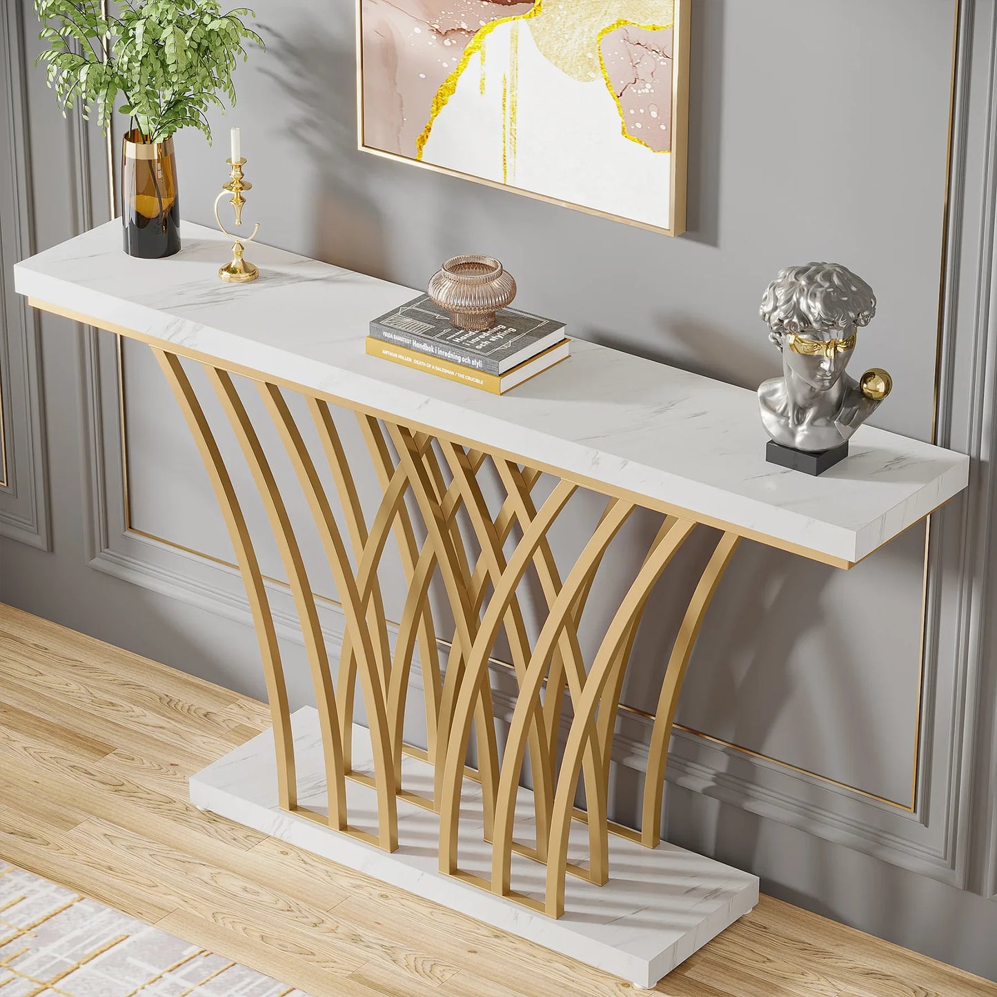 Tribesigns 59" Gold Console Table – Modern Entryway Table with Grid Metal Base