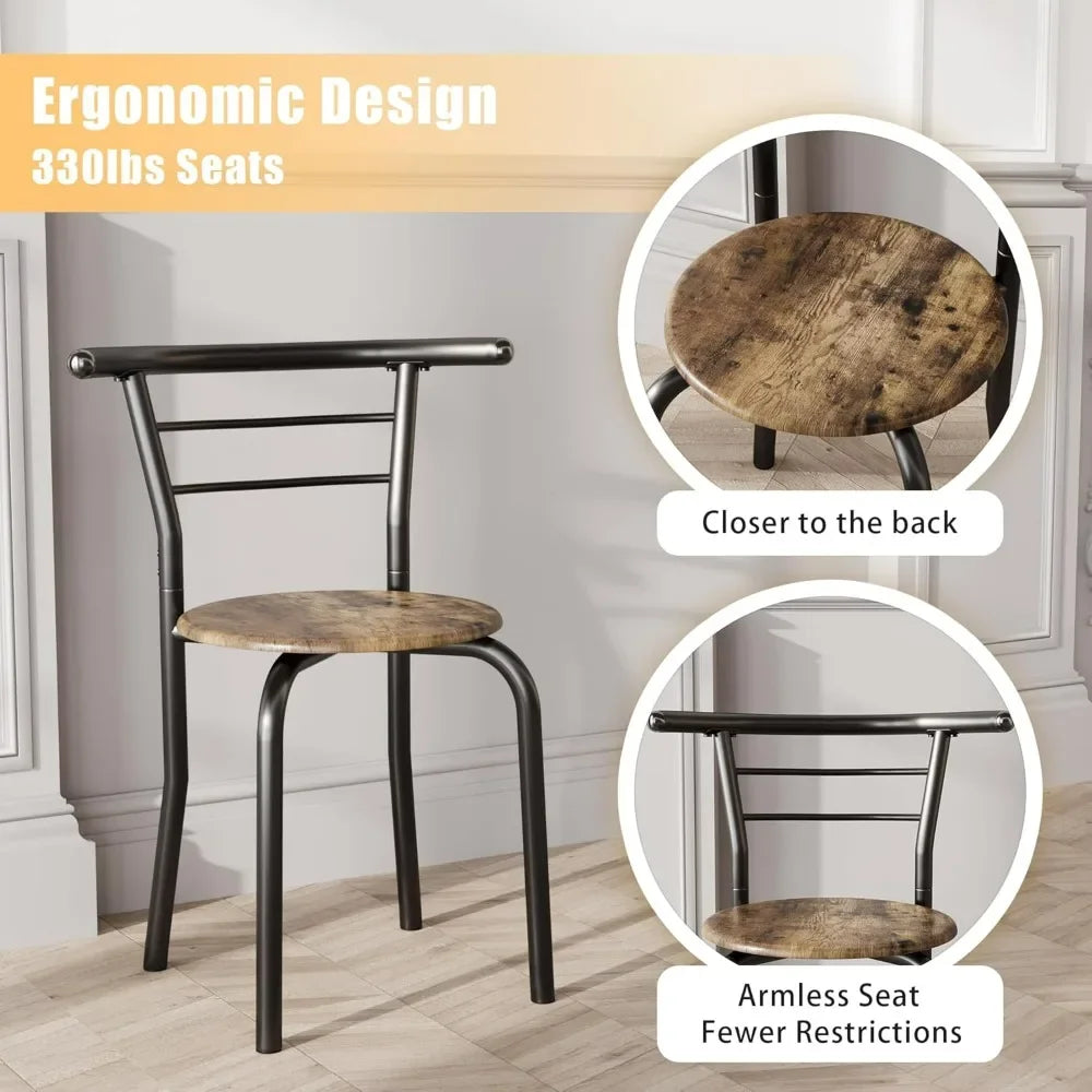 Space-Saving Kitchen Breakfast Nook Set – Round Wood Grain Table & Chairs with Metal Frame