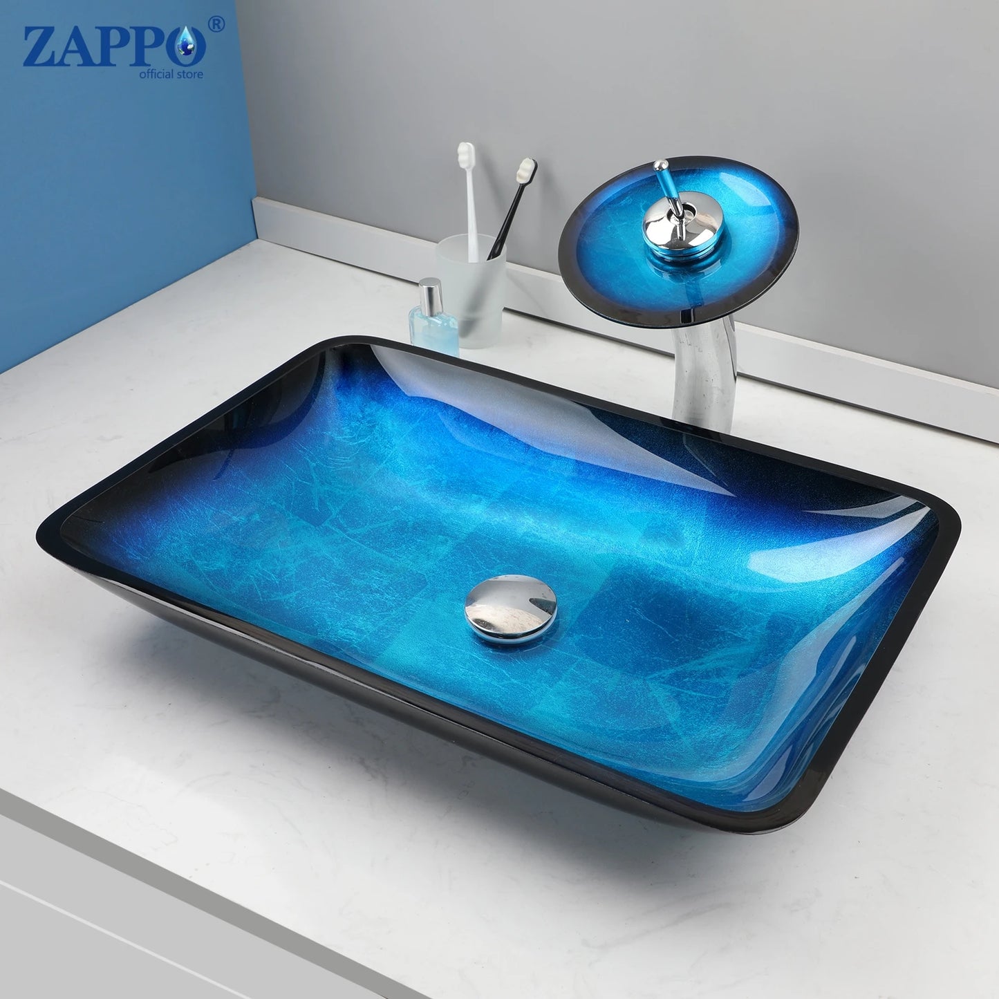 ZAPPO Blue Tempered Glass Vessel Sink – Oval Above-Counter Basin with Black Waterfall Faucet