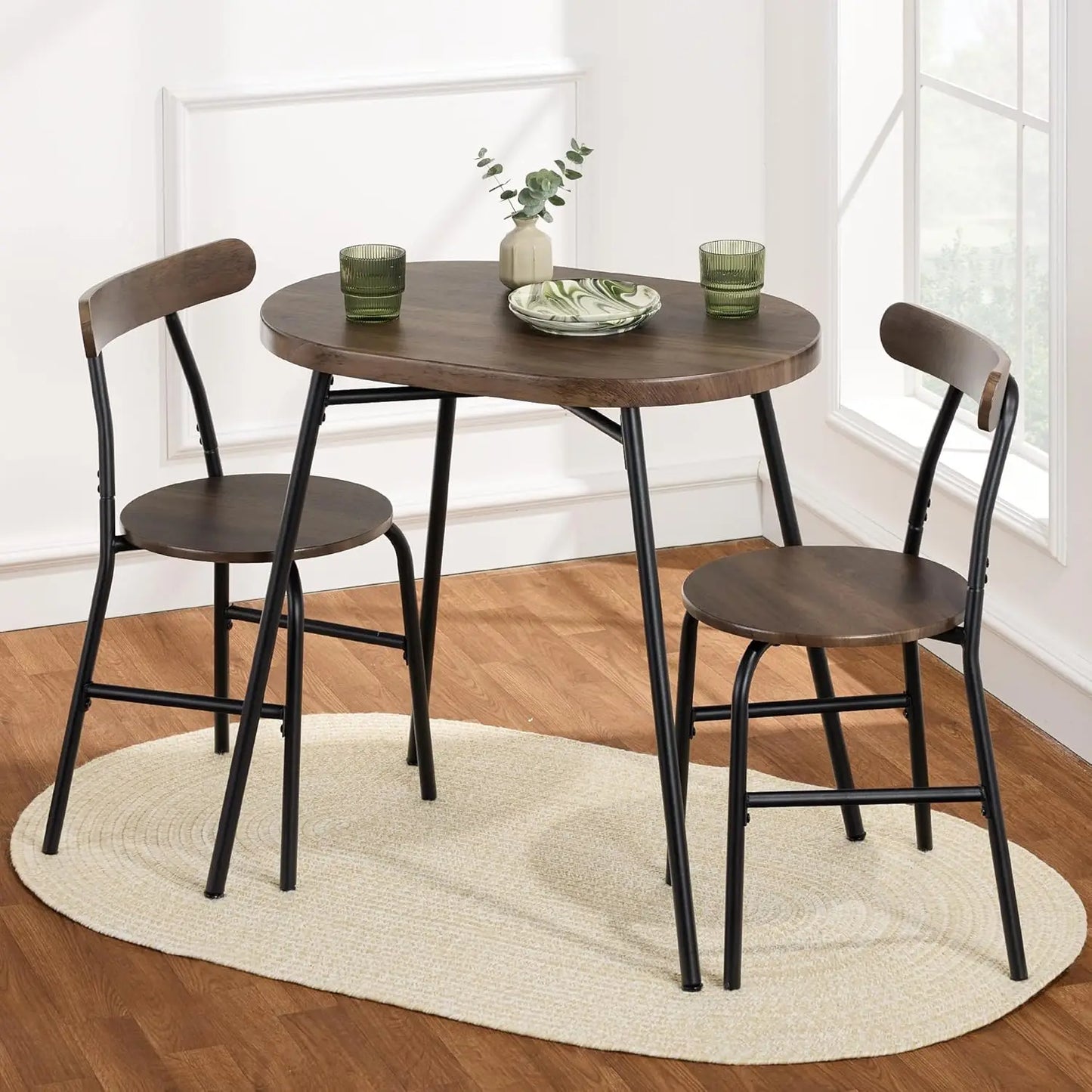 Modern Oval Dining Table Set – Small Kitchen Dinette with 2 Chairs, Metal Frame & Curved Backrests (Dark Green/Gold)