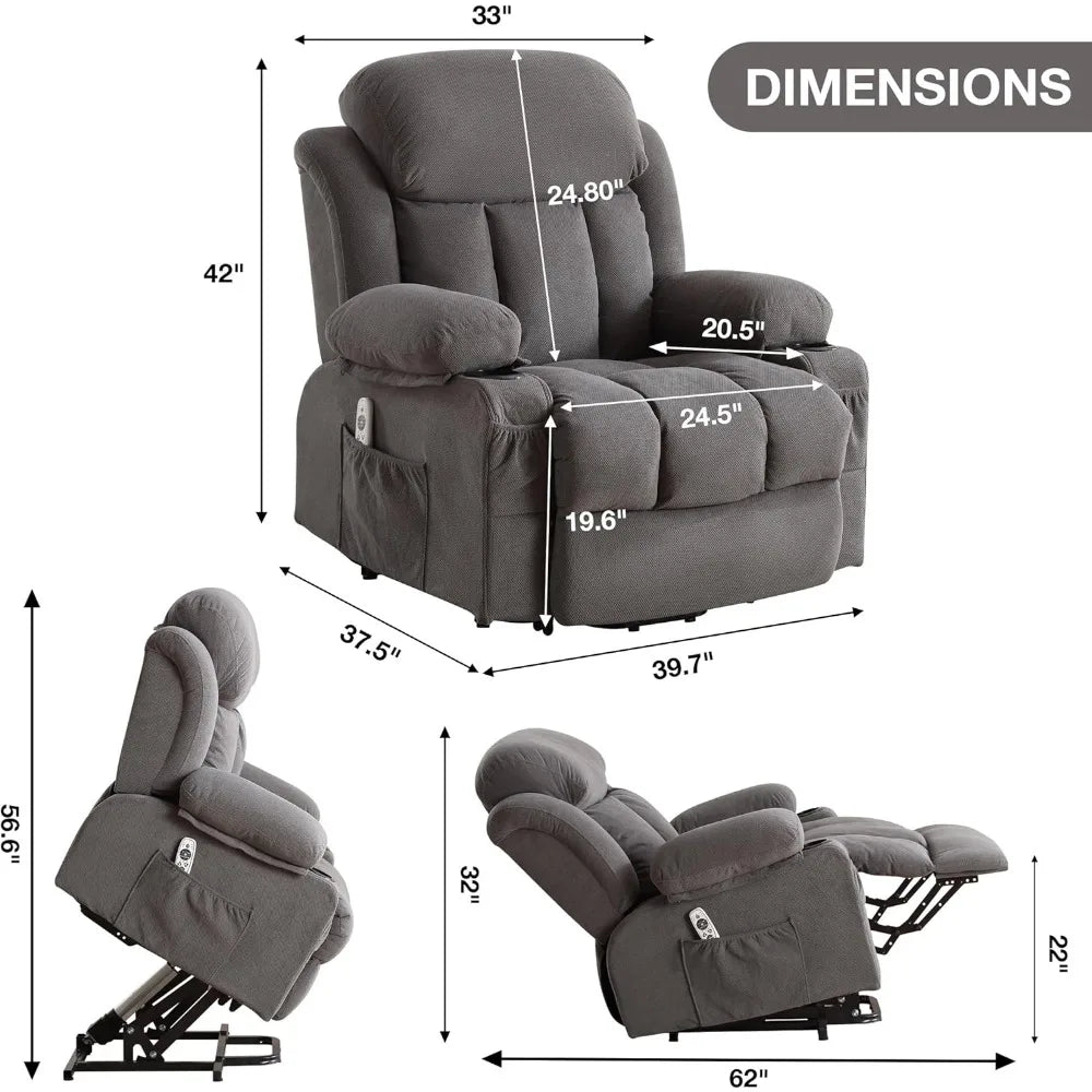 Power Lift Recliner Chair with Heat & Massage – Electric Fabric Recliner for Elderly with USB Port & Side Pocket