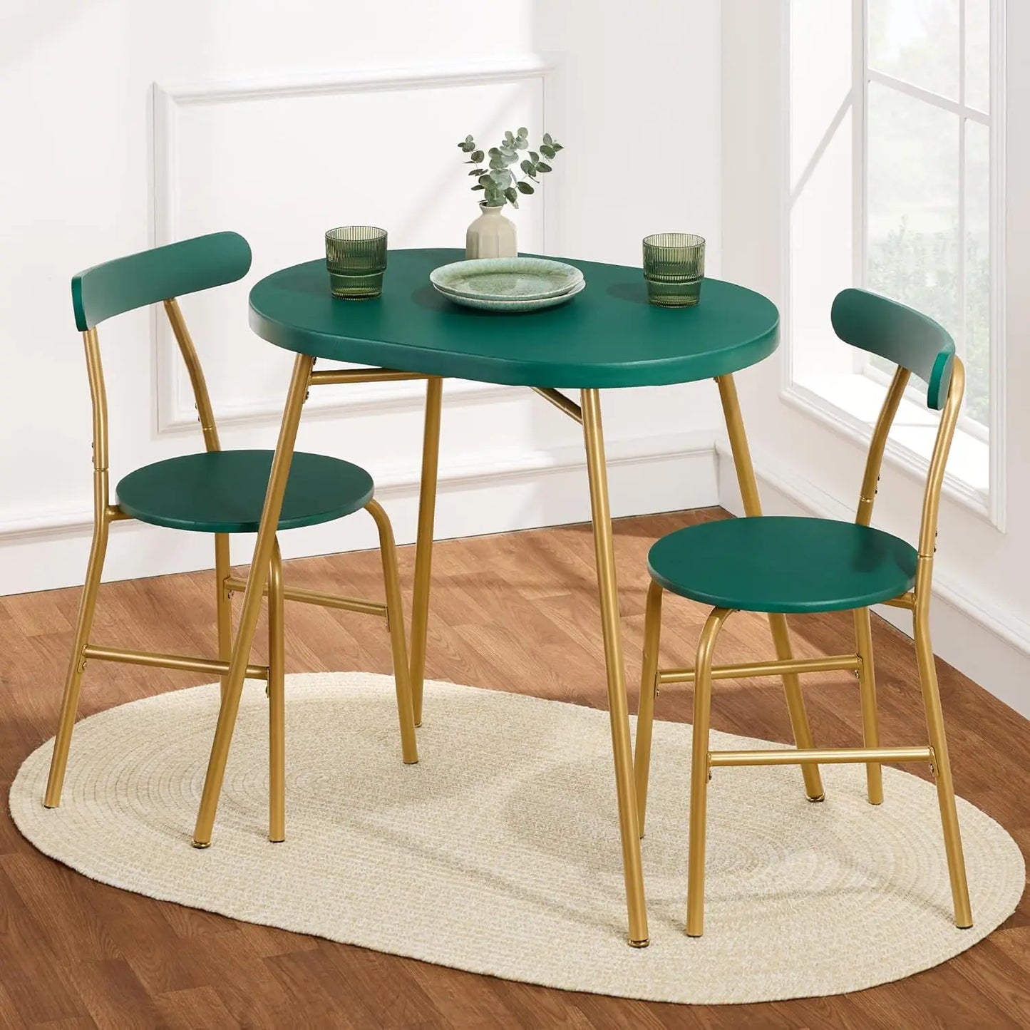 Modern Oval Dining Table Set – Small Kitchen Dinette with 2 Chairs, Metal Frame & Curved Backrests (Dark Green/Gold)