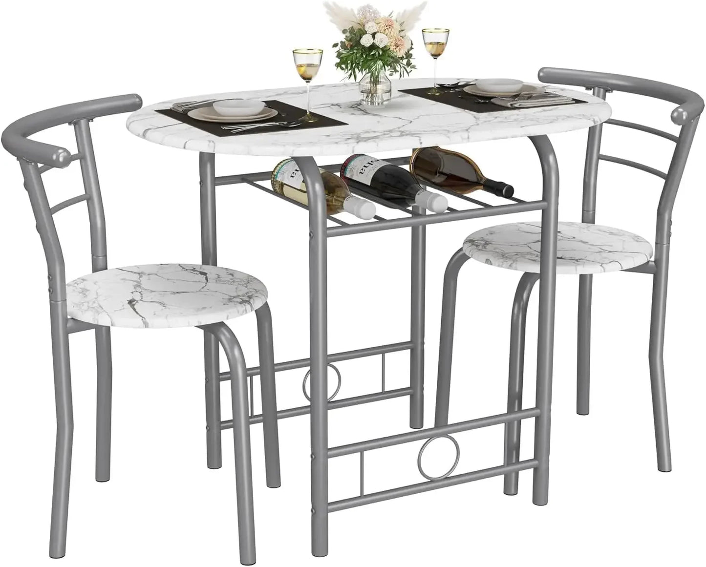 Space-Saving Kitchen Breakfast Nook Set – Round Wood Grain Table & Chairs with Metal Frame